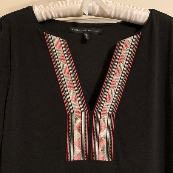 WHBM Boho Chic Dress, Black Stretch Knit, Geometric Trim, 3/4 Sleeves, Vee Neck - Picture 3 of 10